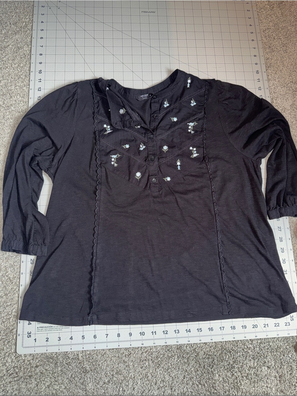 Lucky Brand Black Embroidered Button-Front Peasant Top